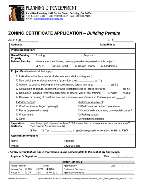 Zoning Certificate Application - Building Permits - City of Berkeley, California Download Pdf