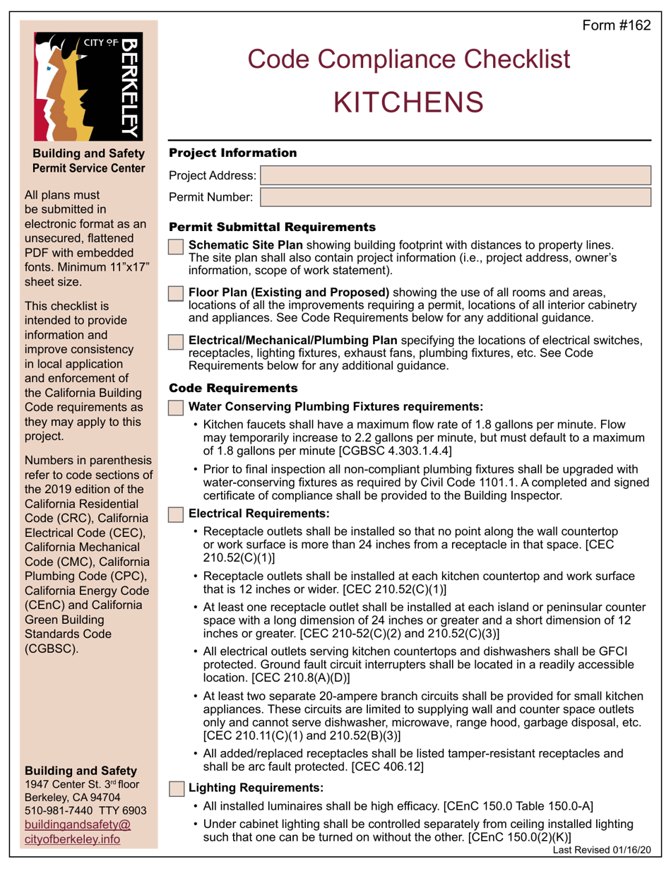 Form 162 Code Compliance Checklist - Kitchens - City of Berkeley, California, Page 1
