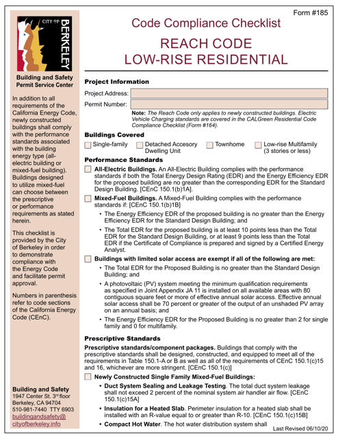 Form 185 Code Compliance Checklist - Reach Code Low-Rise Residential - City of Berkeley, California