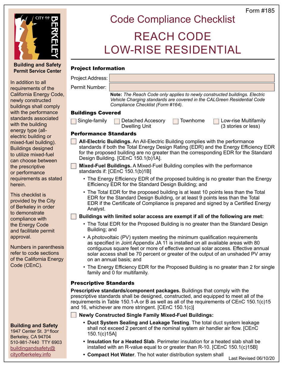 Form 185 Code Compliance Checklist - Reach Code Low-Rise Residential - City of Berkeley, California, Page 1