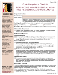 Document preview: Form 186 Code Compliance Checklist - Reach Code Non-residential, Highrise Residential and Hotel/Motel - City of Berkeley, California