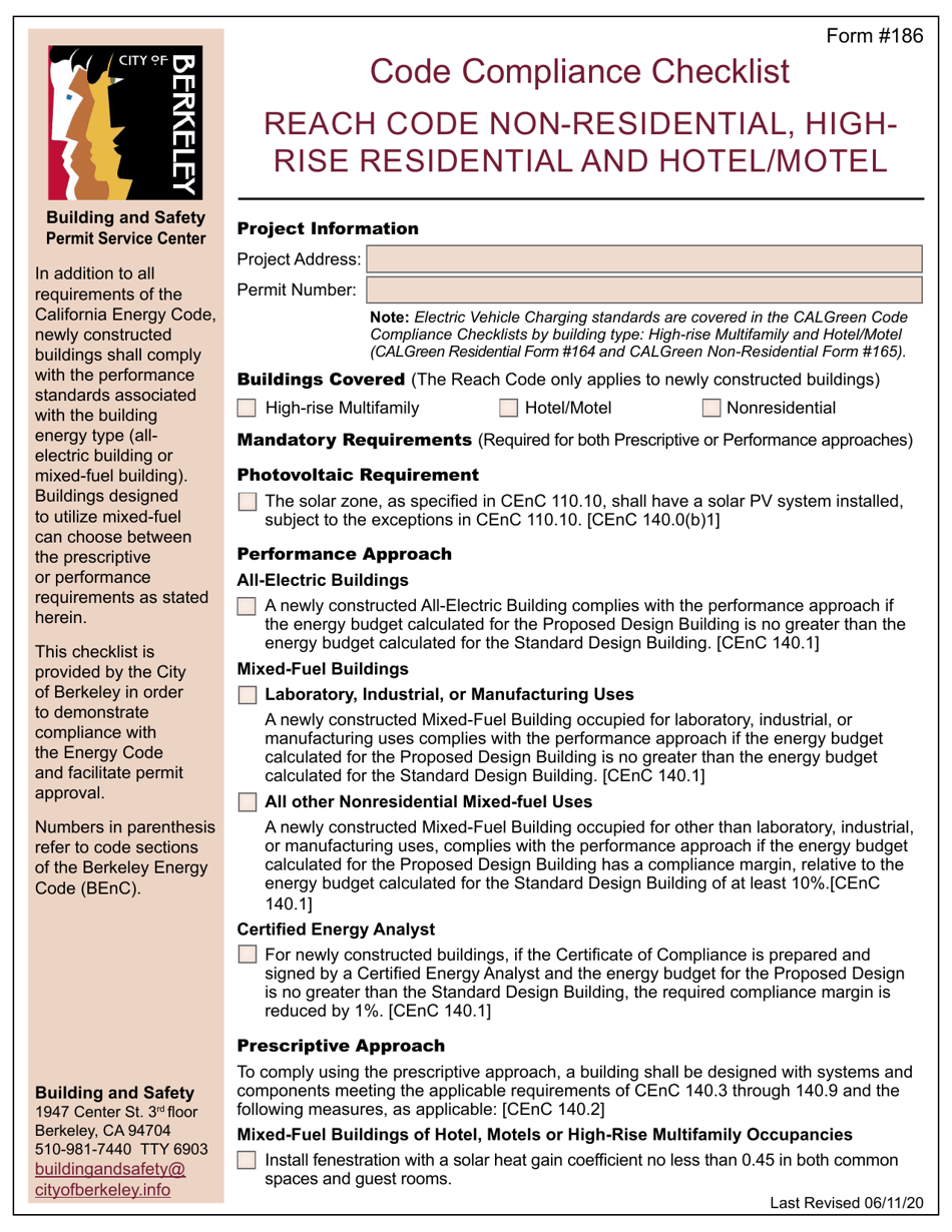 Form 186 Code Compliance Checklist - Reach Code Non-residential, Highrise Residential and Hotel / Motel - City of Berkeley, California, Page 1