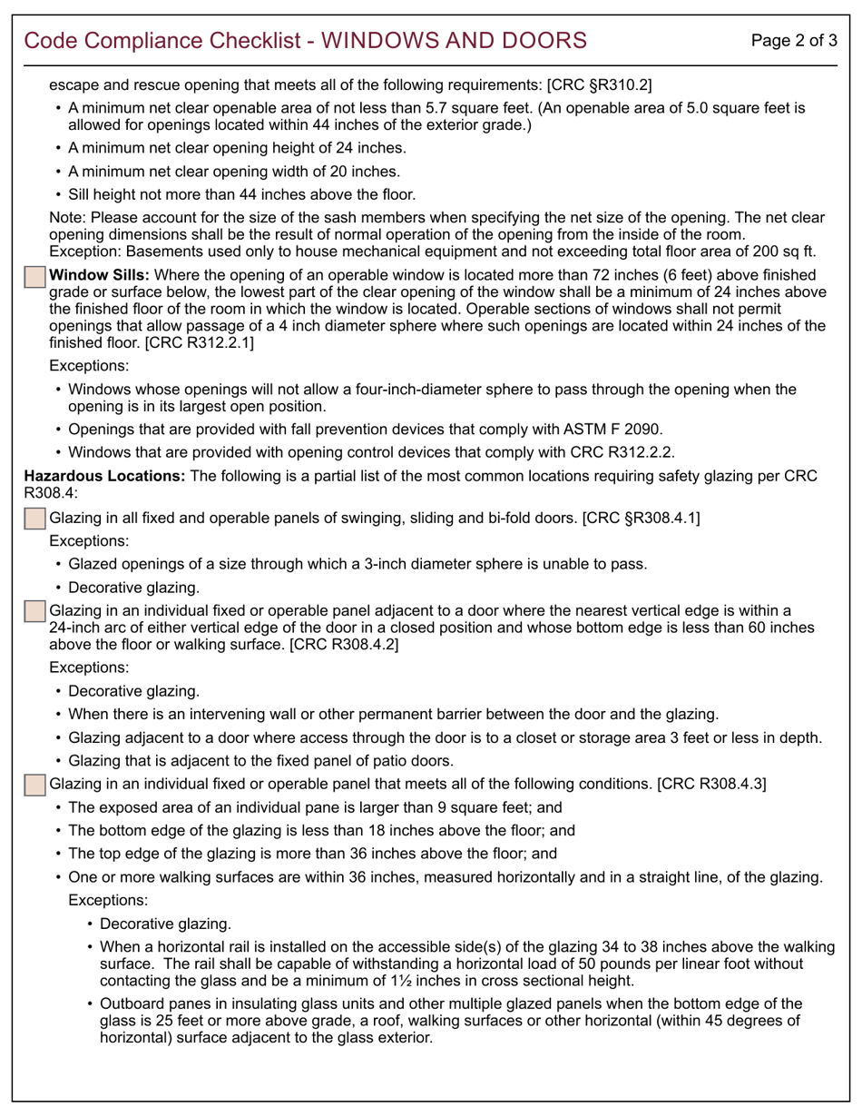 Form 161 Code Compliance Checklist - Windows and Doors - City of Berkeley, California, Page 2