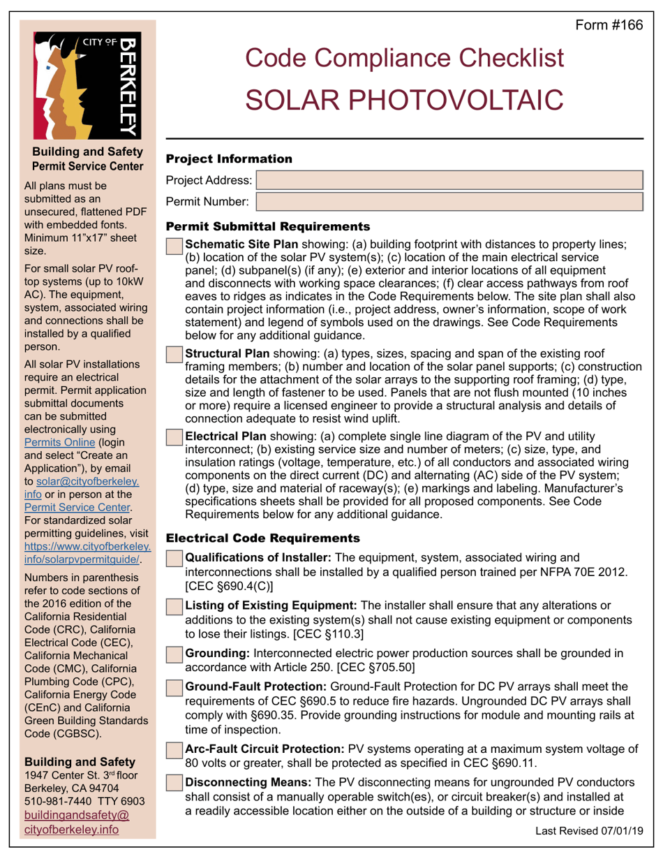 Form 166 Code Compliance Checklist - Solar Photovoltaic - City of Berkeley, California, Page 1