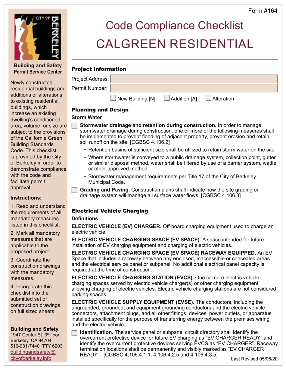 Form 164 Code Compliance Checklist - Calgreen Residential - City of Berkeley, California, Page 1