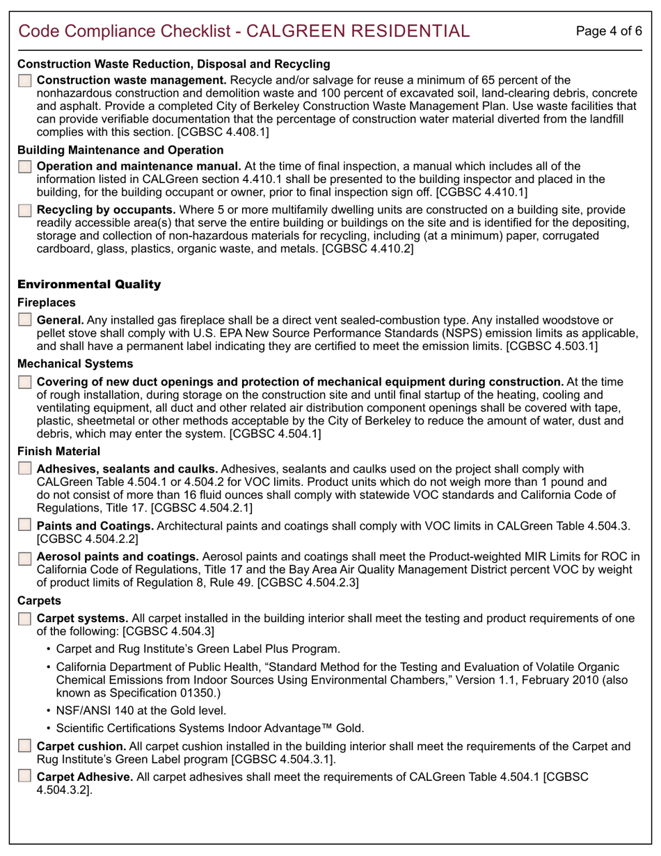 Form 164 Code Compliance Checklist - Calgreen Residential - City of Berkeley, California, Page 4