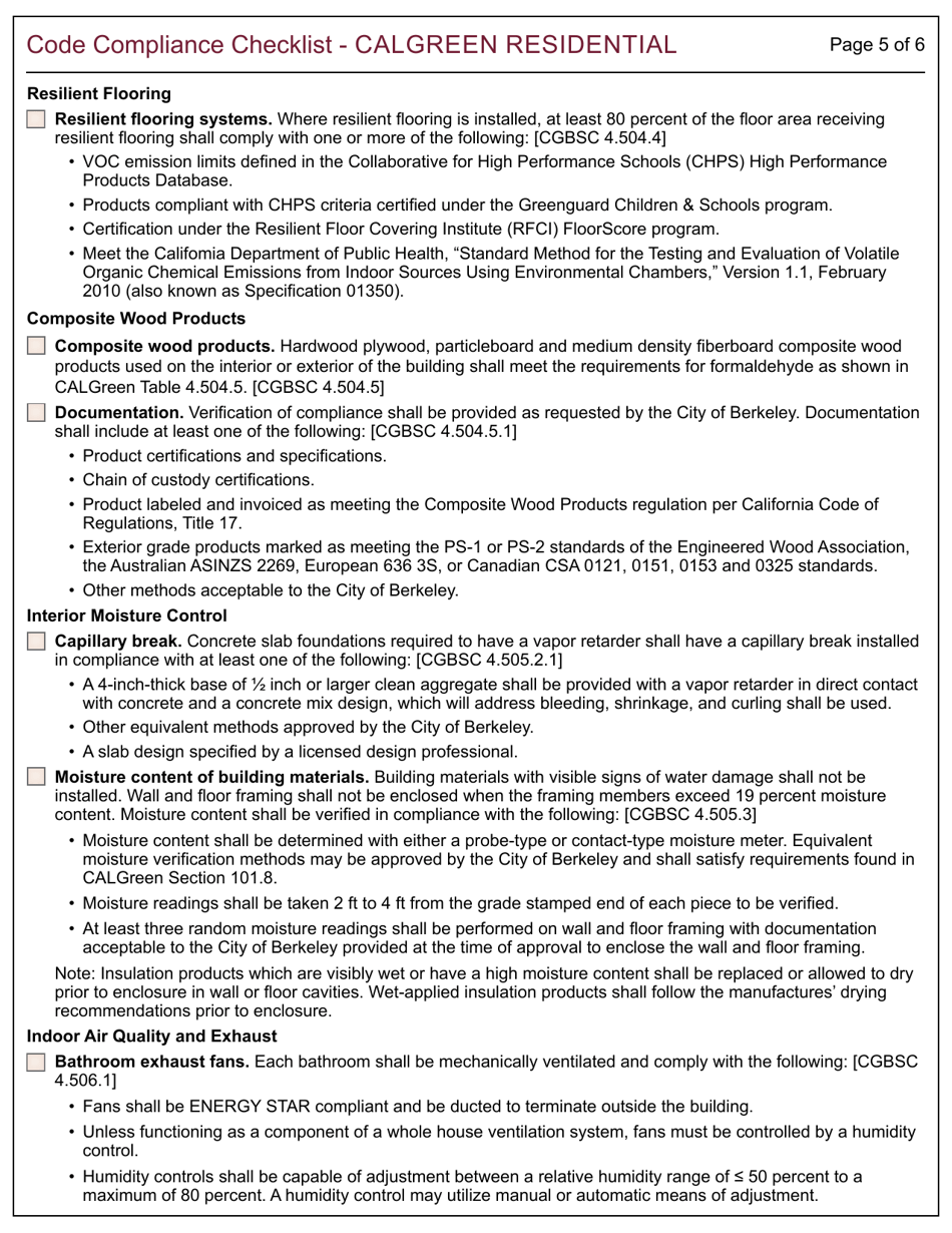 Form 164 Code Compliance Checklist - Calgreen Residential - City of Berkeley, California, Page 5