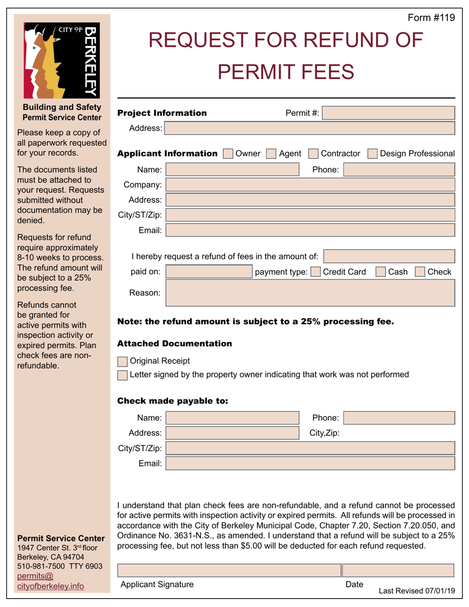 Form 119 Request for Refund of Permit Fees - City of Berkeley, California, Page 1