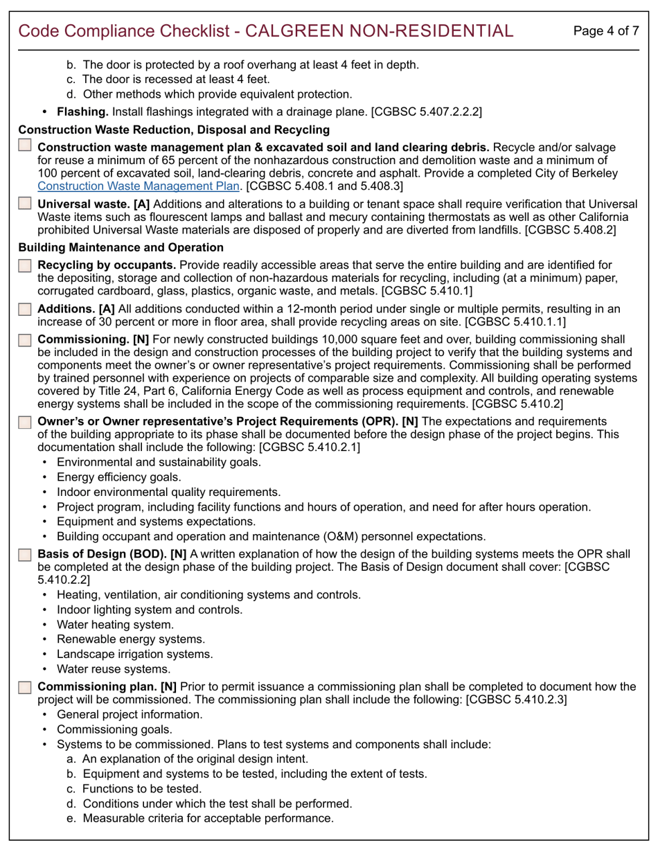 Form 165 Code Compliance Checklist - Calgreen Non-residential - City of Berkeley, California, Page 4