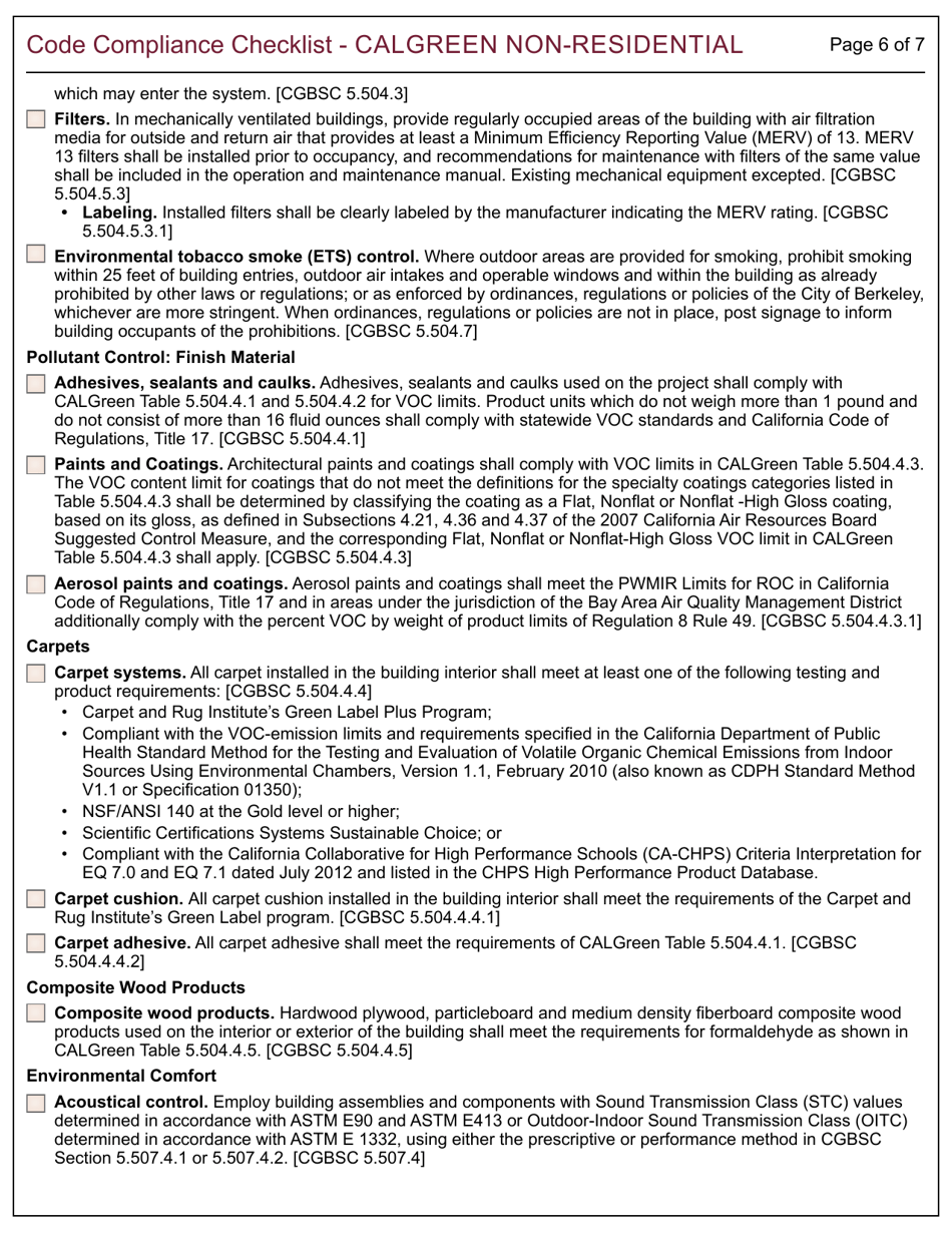 Form 165 Code Compliance Checklist - Calgreen Non-residential - City of Berkeley, California, Page 6