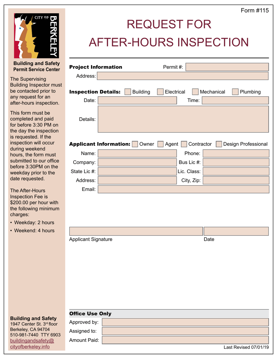 Form 115 Request for After-Hours Inspection - City of Berkeley, California, Page 1