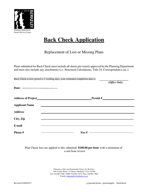 Back Check Application - Replacement of Lost or Missing Plans - City of Berkeley, California Download Pdf