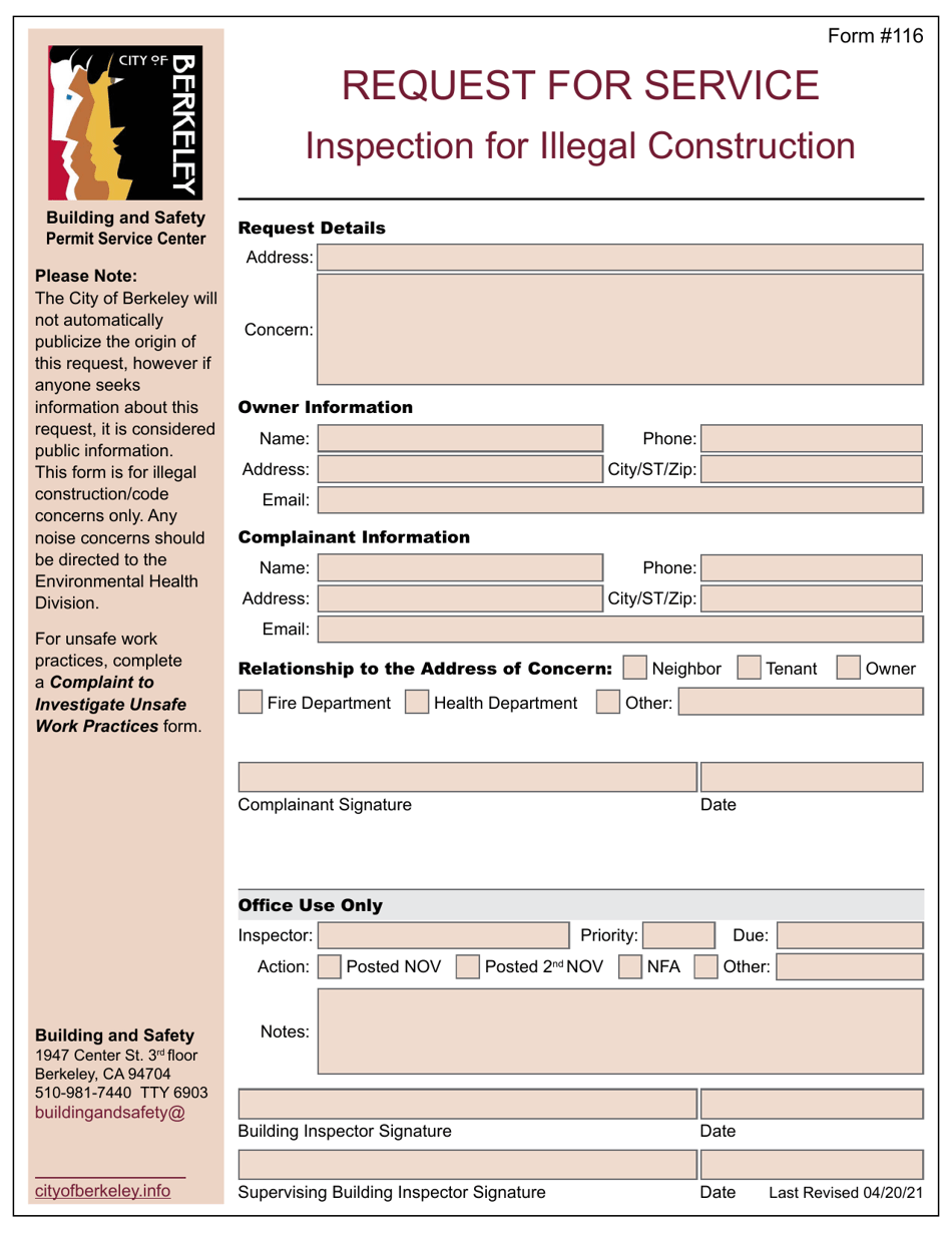 Form 116 Request for Service - Inspection for Illegal Construction - City of Berkeley, California, Page 1