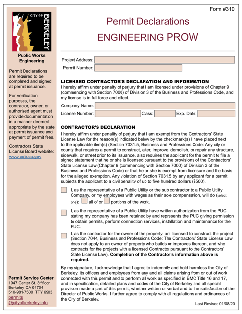 Form 310 Engineering Permit Declarations - Prow - City of Berkeley, California