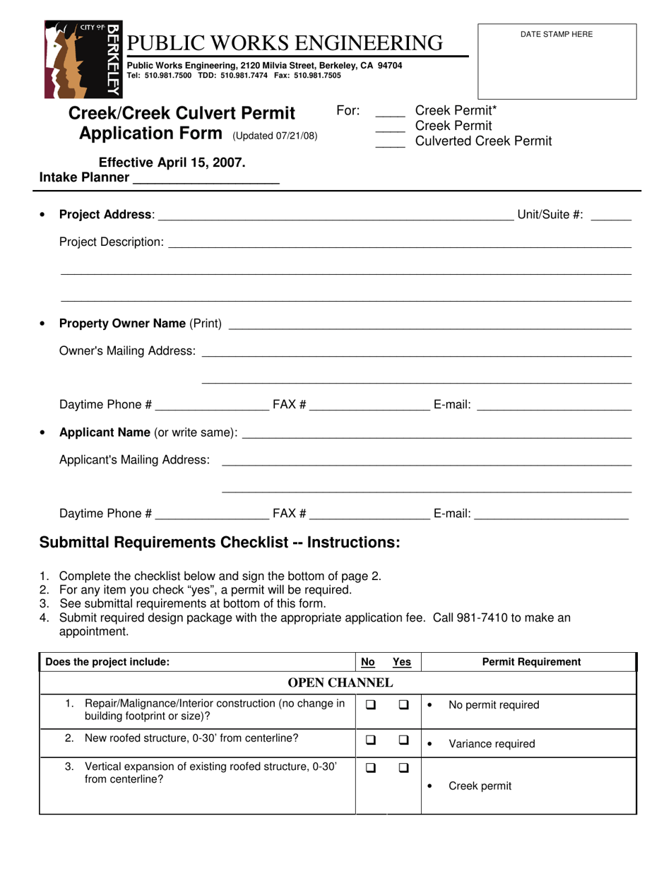 Creek/Creek Culvert Permit Application Form - City of Berkeley, California, Page 1