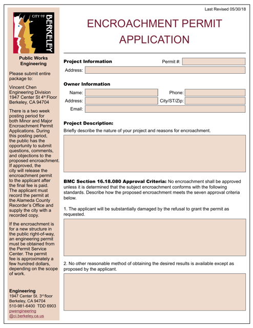 Encroachment Permit Application - City of Berkeley, California Download Pdf