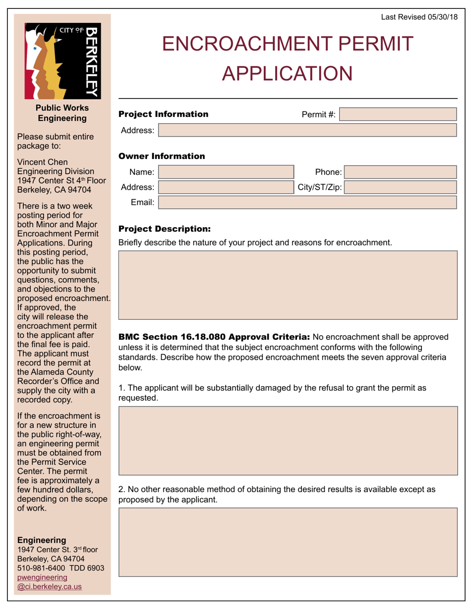 Encroachment Permit Application - City of Berkeley, California, Page 1