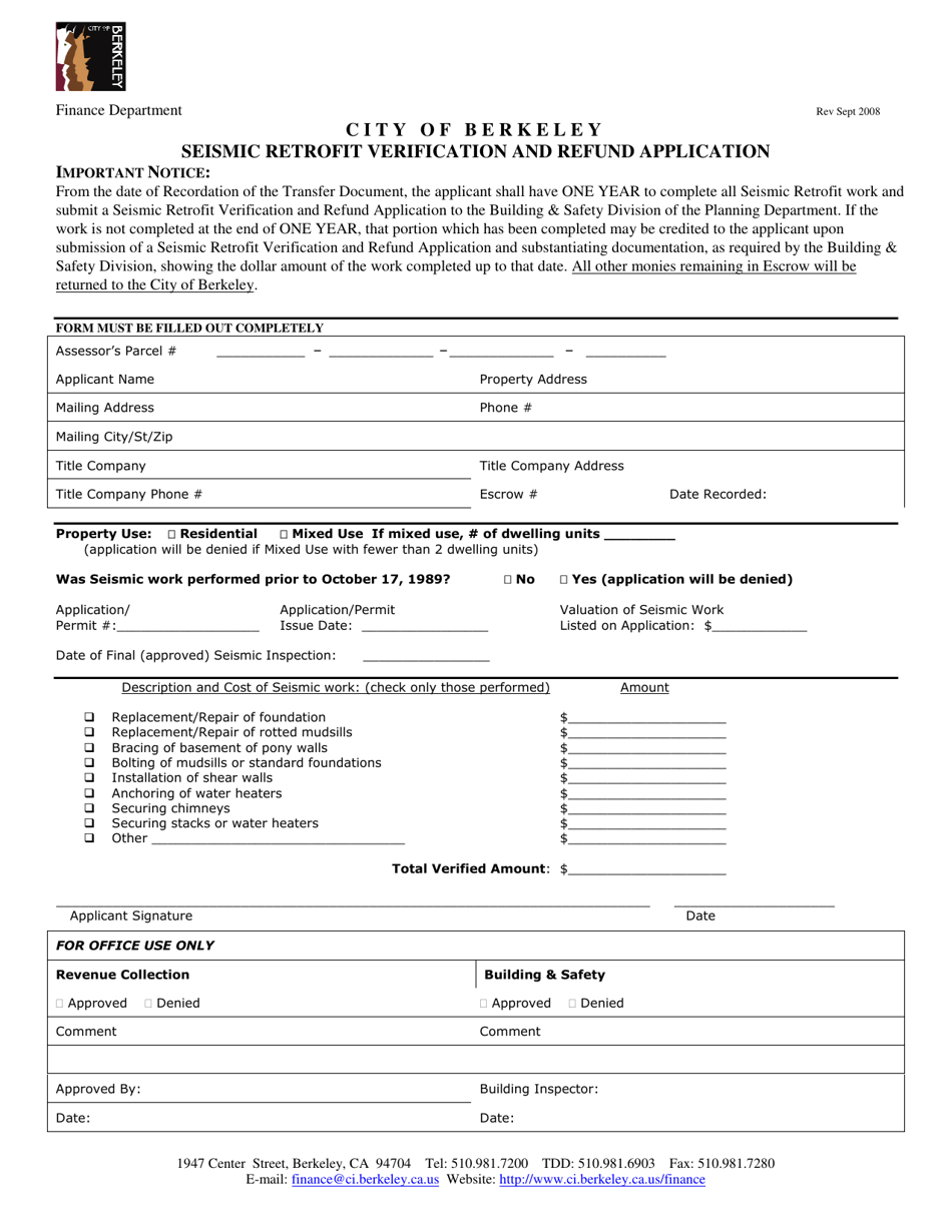 City of Berkeley, California Seismic Retrofit Verification and Refund