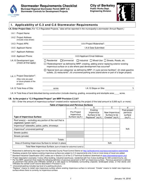 Stormwater Requirements Checklist - C.3 and C.6 Projects - City of Berkeley, California Download Pdf