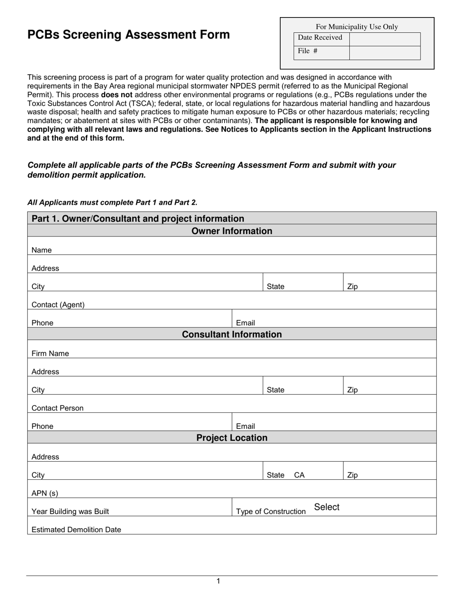 Pcbs Screening Assessment Form - City of San Mateo, California, Page 1