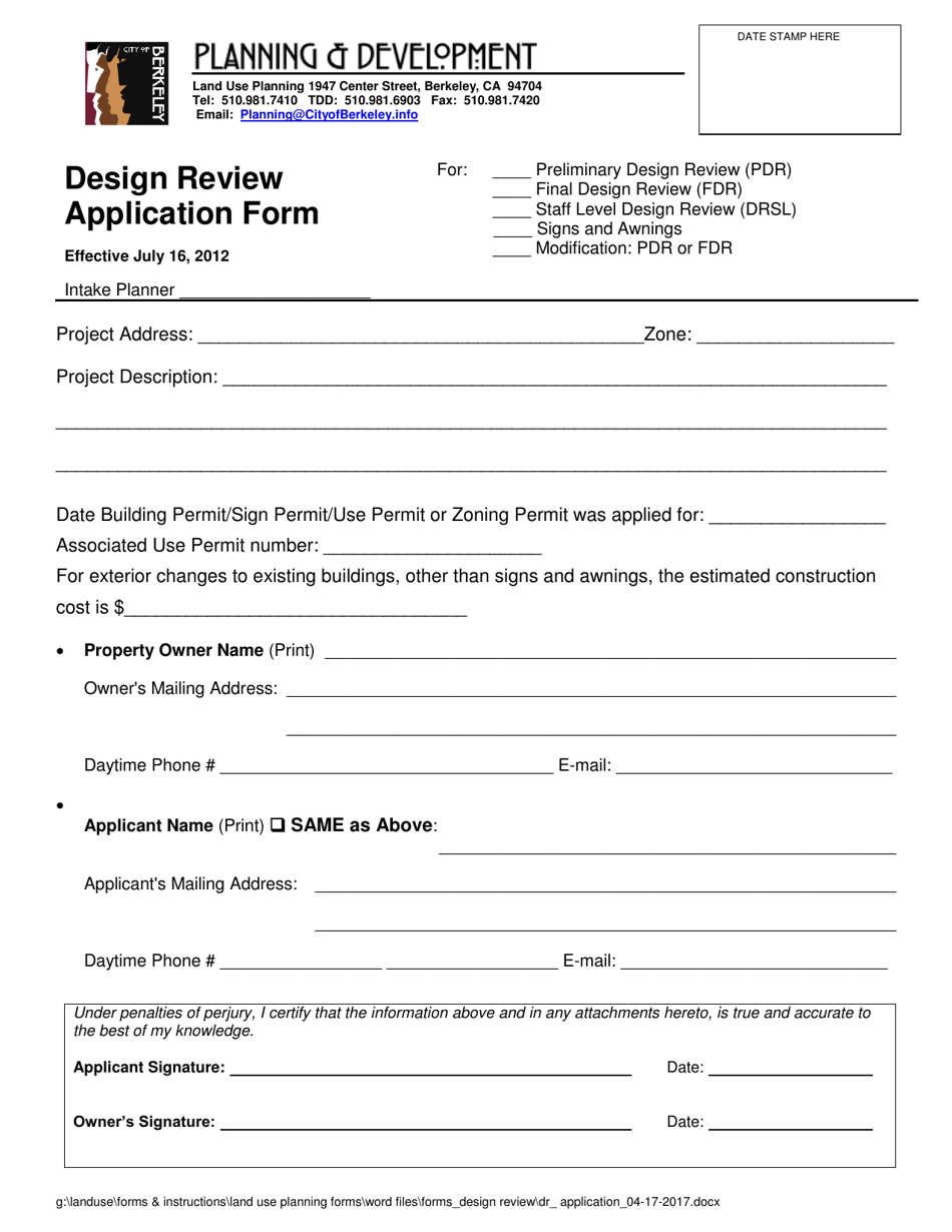 Design Review Application Form - City of Berkeley, California, Page 1