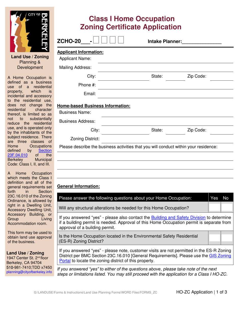 Class I Home Occupation Zoning Certificate Application - City of Berkeley, California, Page 1