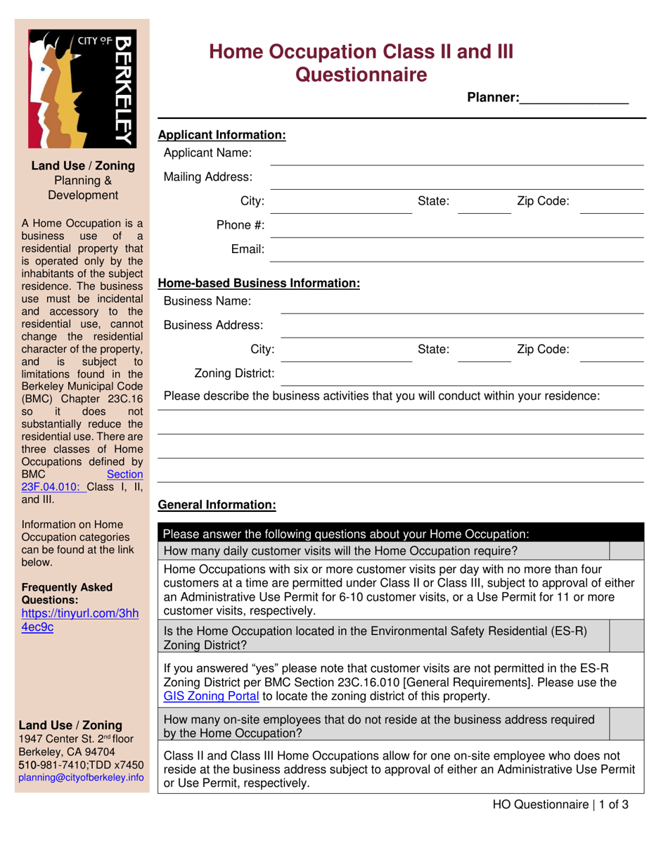 Home Occupation Class II and Iii Questionnaire - City of Berkeley, California, Page 1
