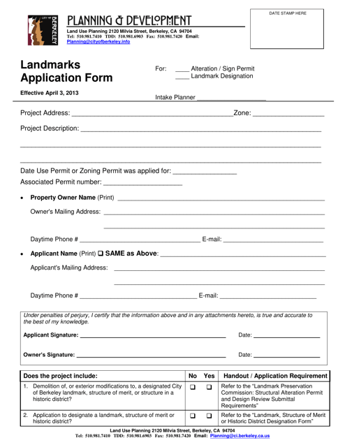 Landmarks Application Form - City of Berkeley, California Download Pdf
