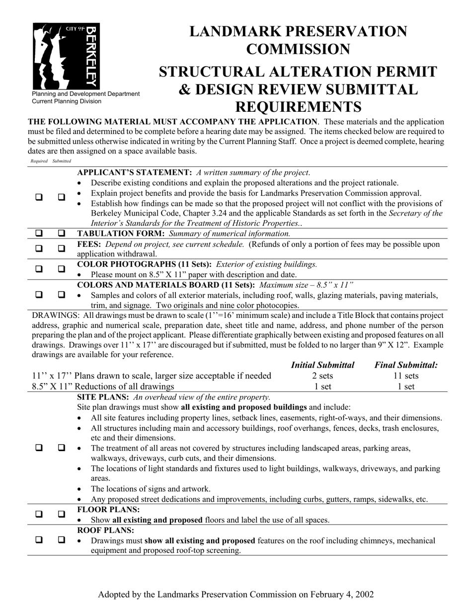 Landmarks Alteration Submittal Checklist - City of Berkeley, California, Page 1