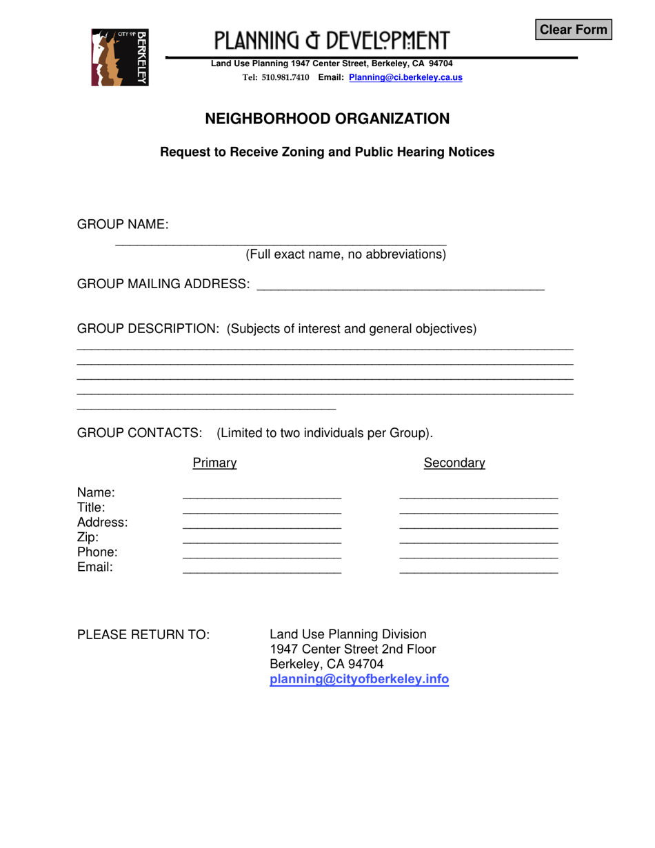 Neighborhood Organization - Request to Receive Zoning and Public Hearing Notices - City of Berkeley, California, Page 1