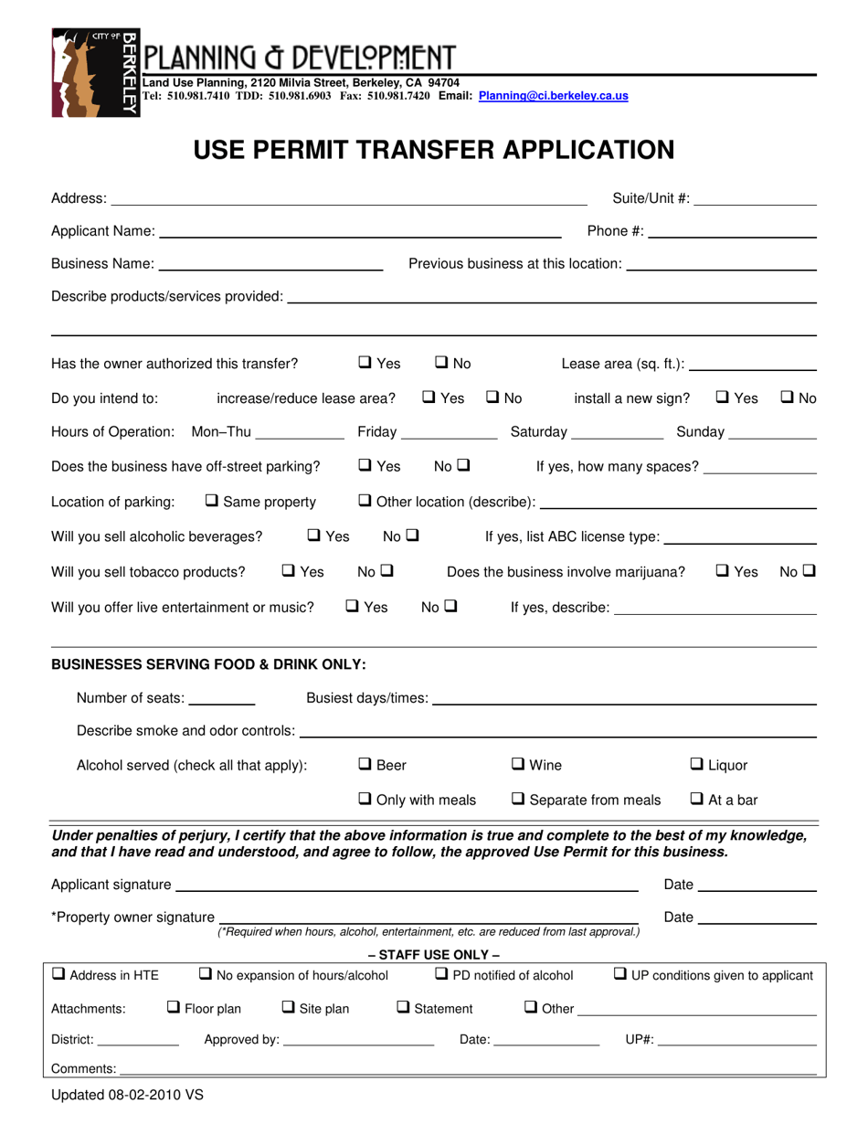 Use Permit Transfer Application - City of Berkeley, California, Page 1