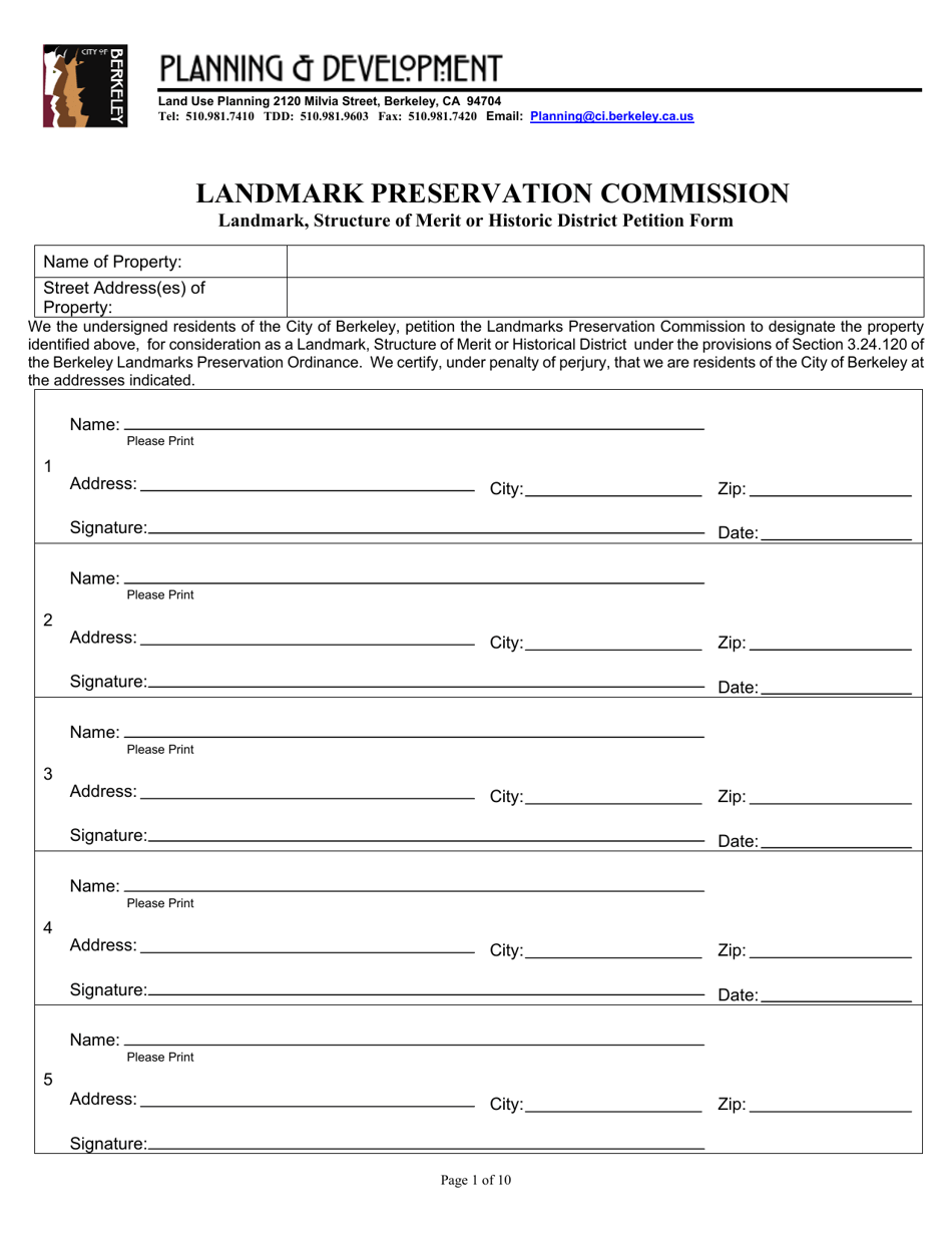 Landmark, Structure of Merit or Historic District Petition Form - City of Berkeley, California, Page 1