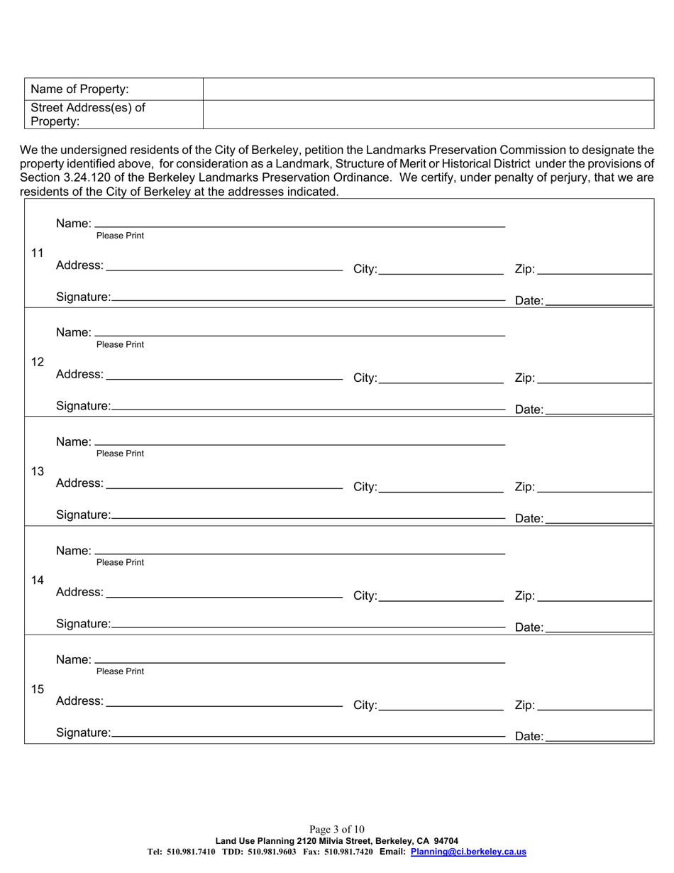 Landmark, Structure of Merit or Historic District Petition Form - City of Berkeley, California, Page 3