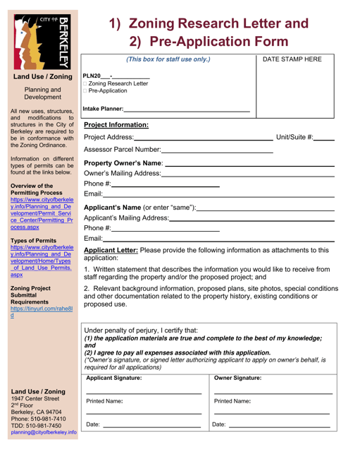 Zoning Research Letter and Pre-application Form - City of Berkeley, California Download Pdf