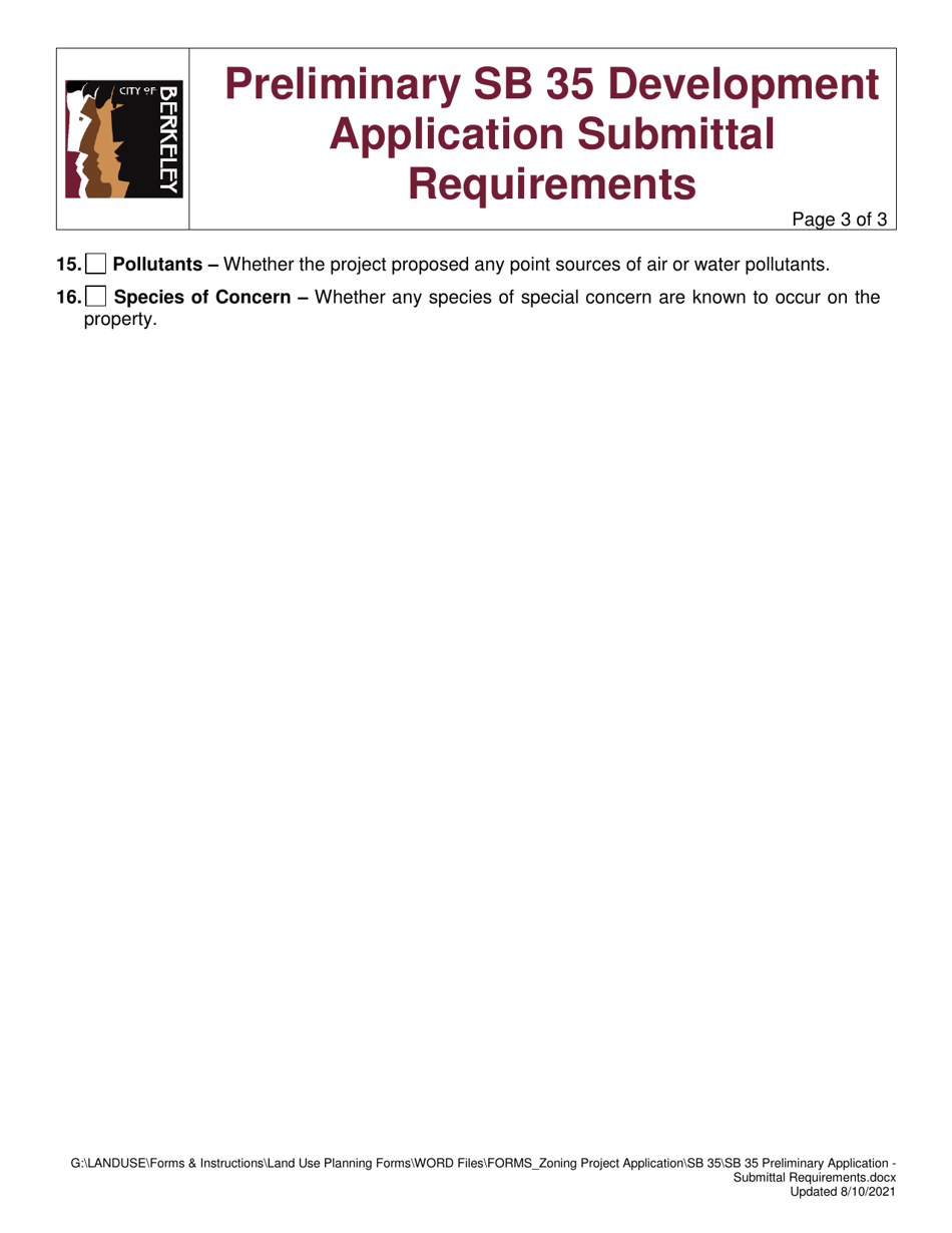 Preliminary Sb 35 Development Application Submittal Requirements - City of Berkeley, California, Page 3