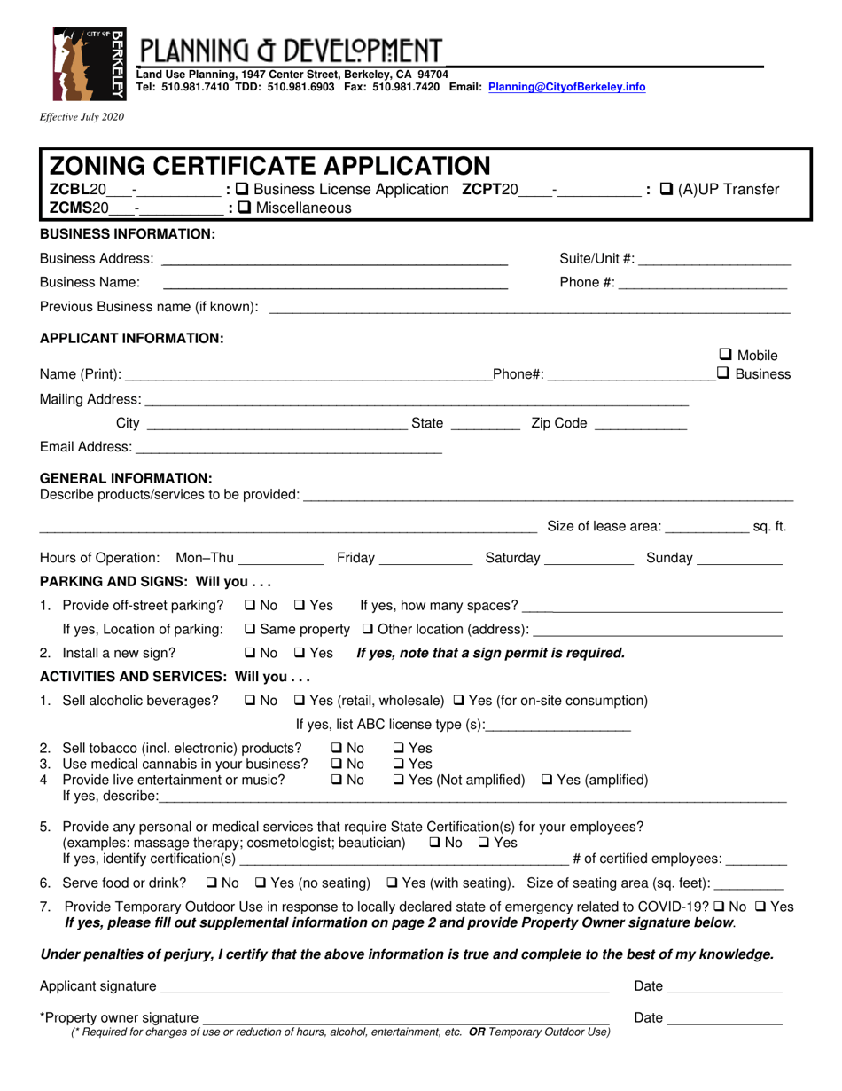 Zoning Certificate Application - City of Berkeley, California, Page 1