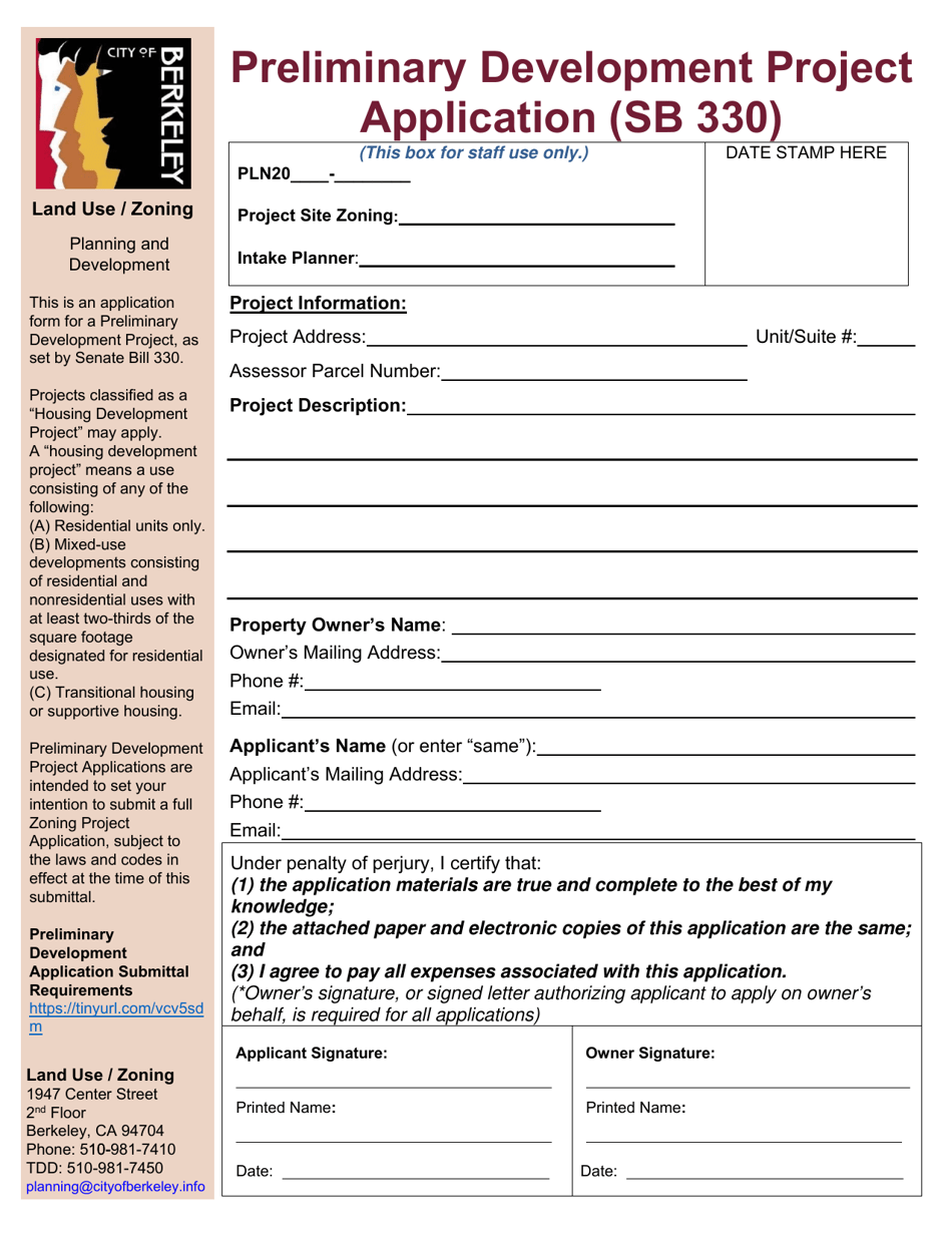 City of Berkeley, California Preliminary Development Project ...