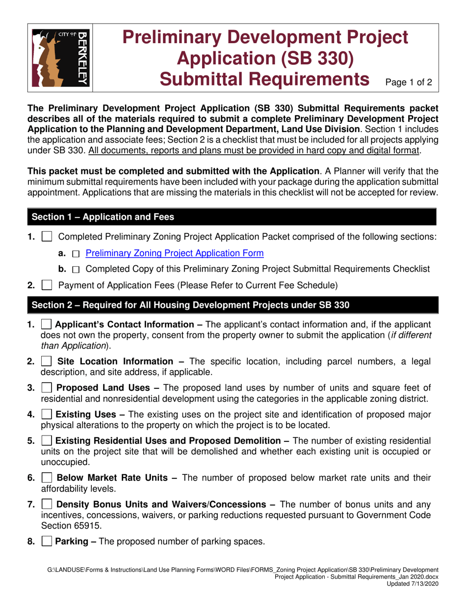 Preliminary Development Project Application (Sb 330) Submittal Requirements - City of Berkeley, California, Page 1