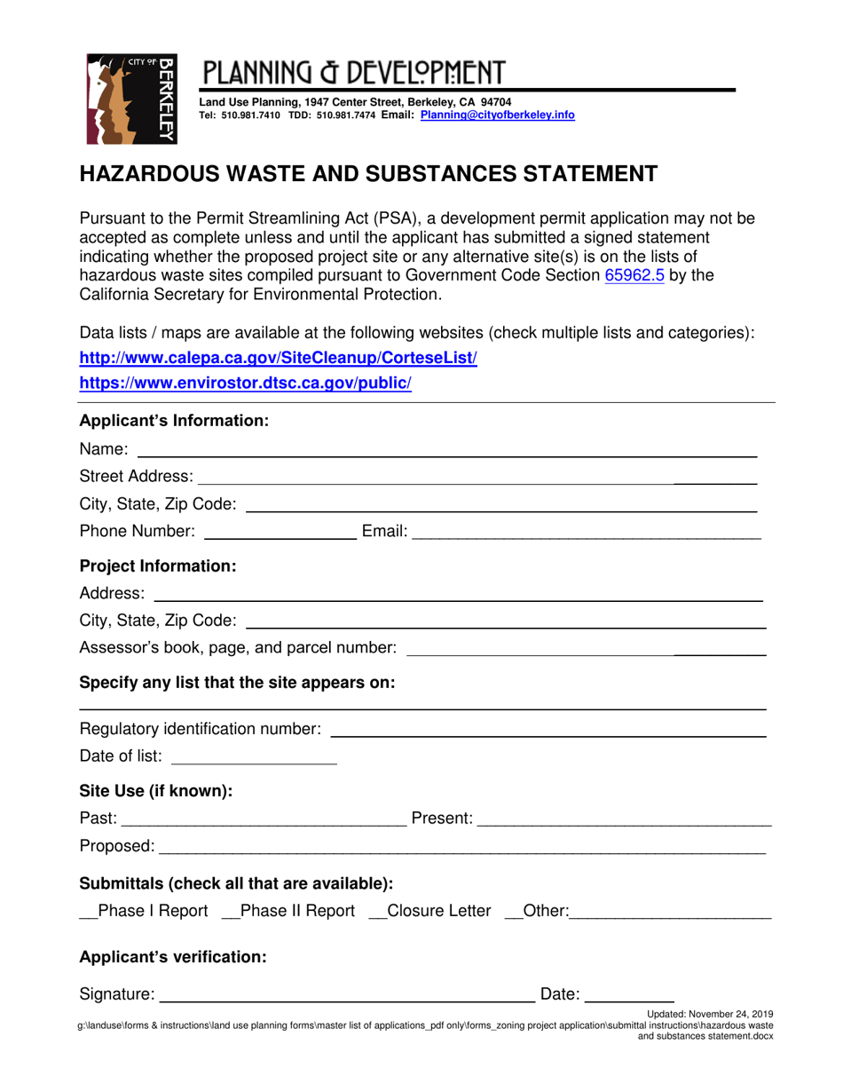 Hazardous Waste and Substances Statement - City of Berkeley, California, Page 1