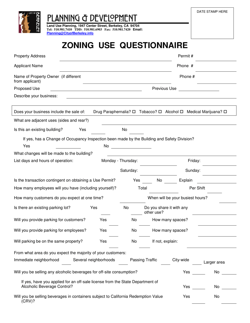 Zoning Use Questionnaire - City of Berkeley, California, Page 1