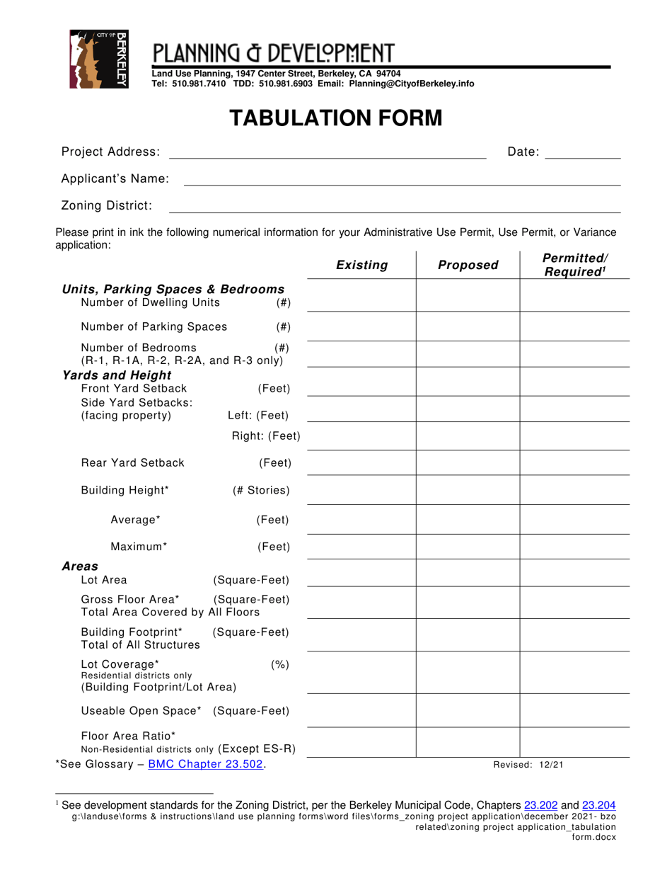 Tabulation Form - City of Berkeley, California, Page 1