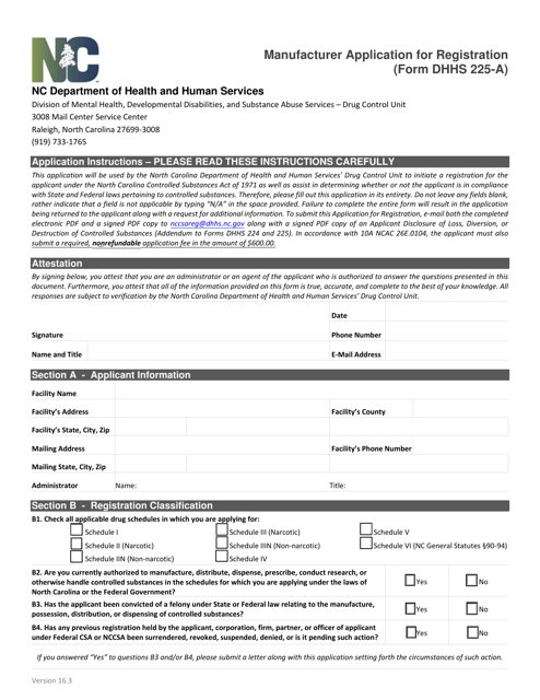 Form DHHS225-A Manufacturer Application for Registration - North Carolina