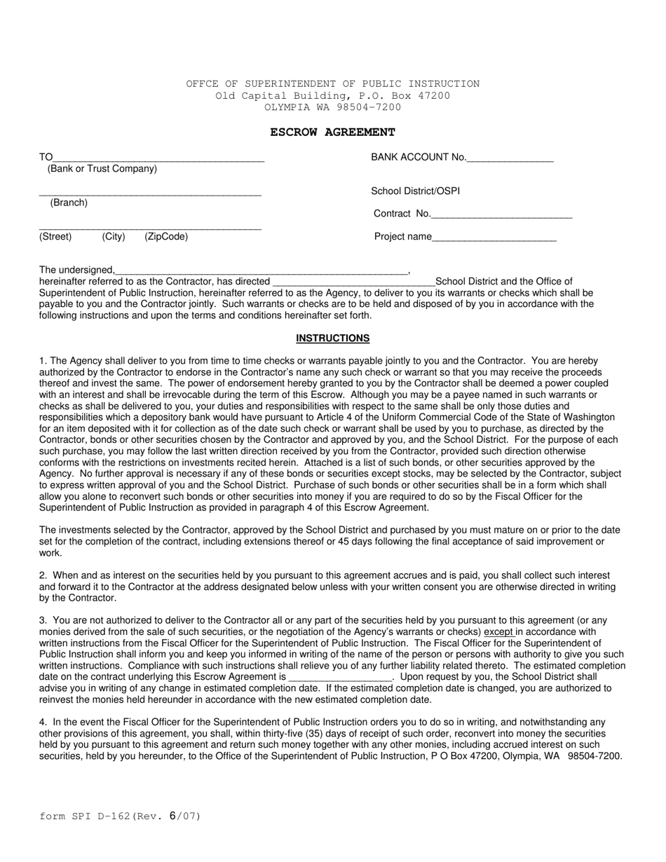 Form D-162 Escrow Agreement - Washington, Page 1