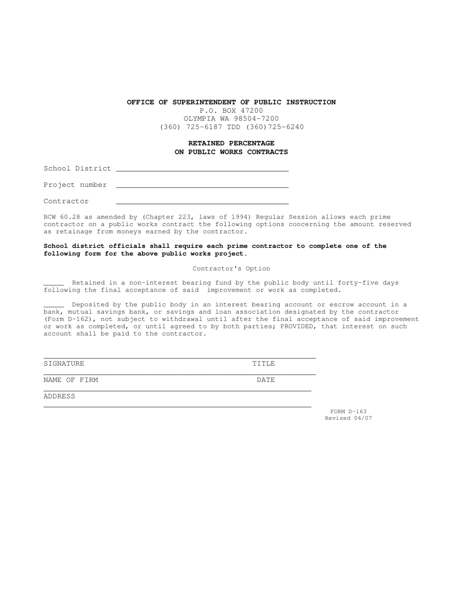 Form D-163 Retained Percentage on Public Works Contracts - Washington, Page 1