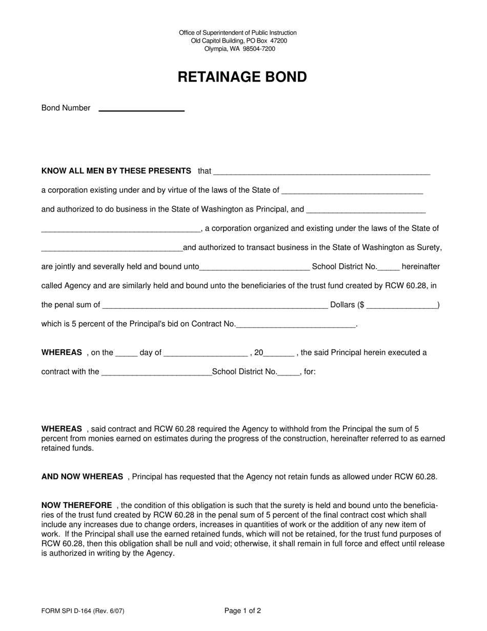 Form D-164 Retainage Bond - Washington, Page 1