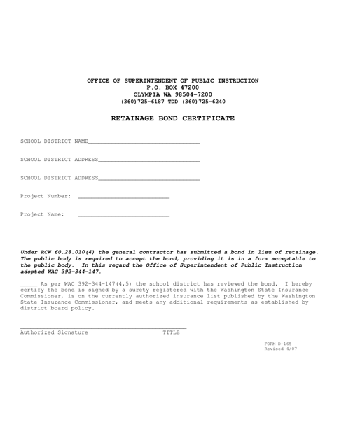 Form D-165 Retainage Bond Certificate - Washington