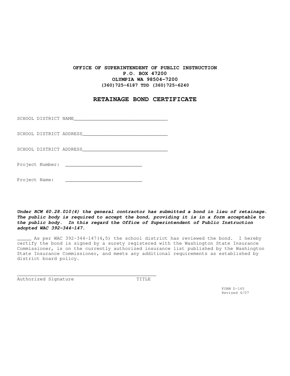 Form D-165 Retainage Bond Certificate - Washington, Page 1