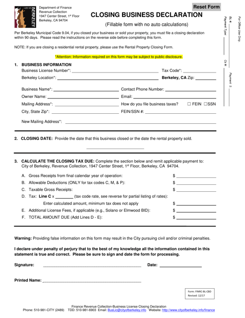Form FINRC-BL-CBD Closing Business Declaration (No Auto Calculations) - City of Berkeley, California