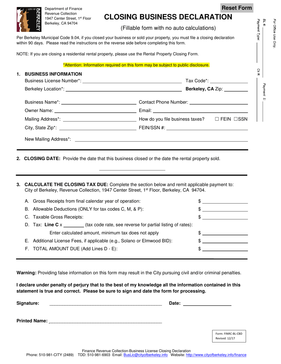 Form FINRC-BL-CBD Closing Business Declaration (No Auto Calculations) - City of Berkeley, California, Page 1
