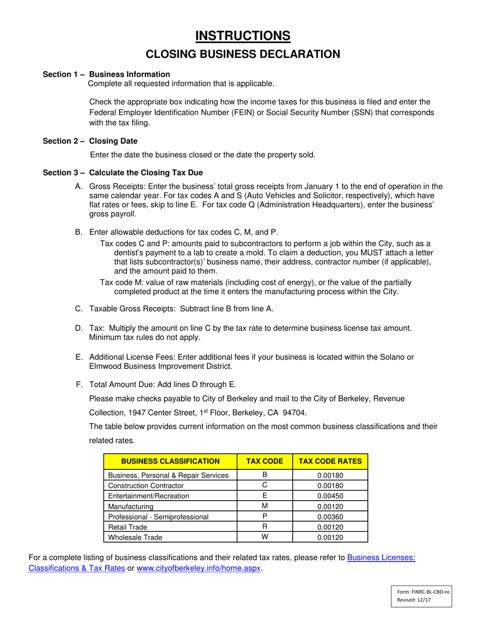 Form FINRC-BL-CBD Closing Business Declaration (No Auto Calculations) - City of Berkeley, California, Page 2